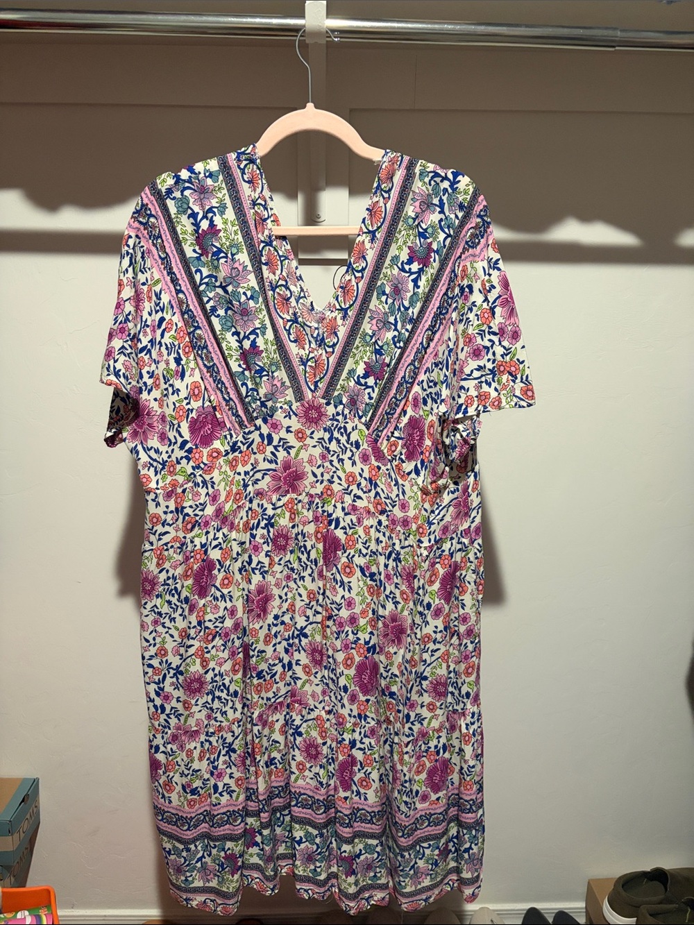 Floral V-Neck Midi Dress in Pink and Blue